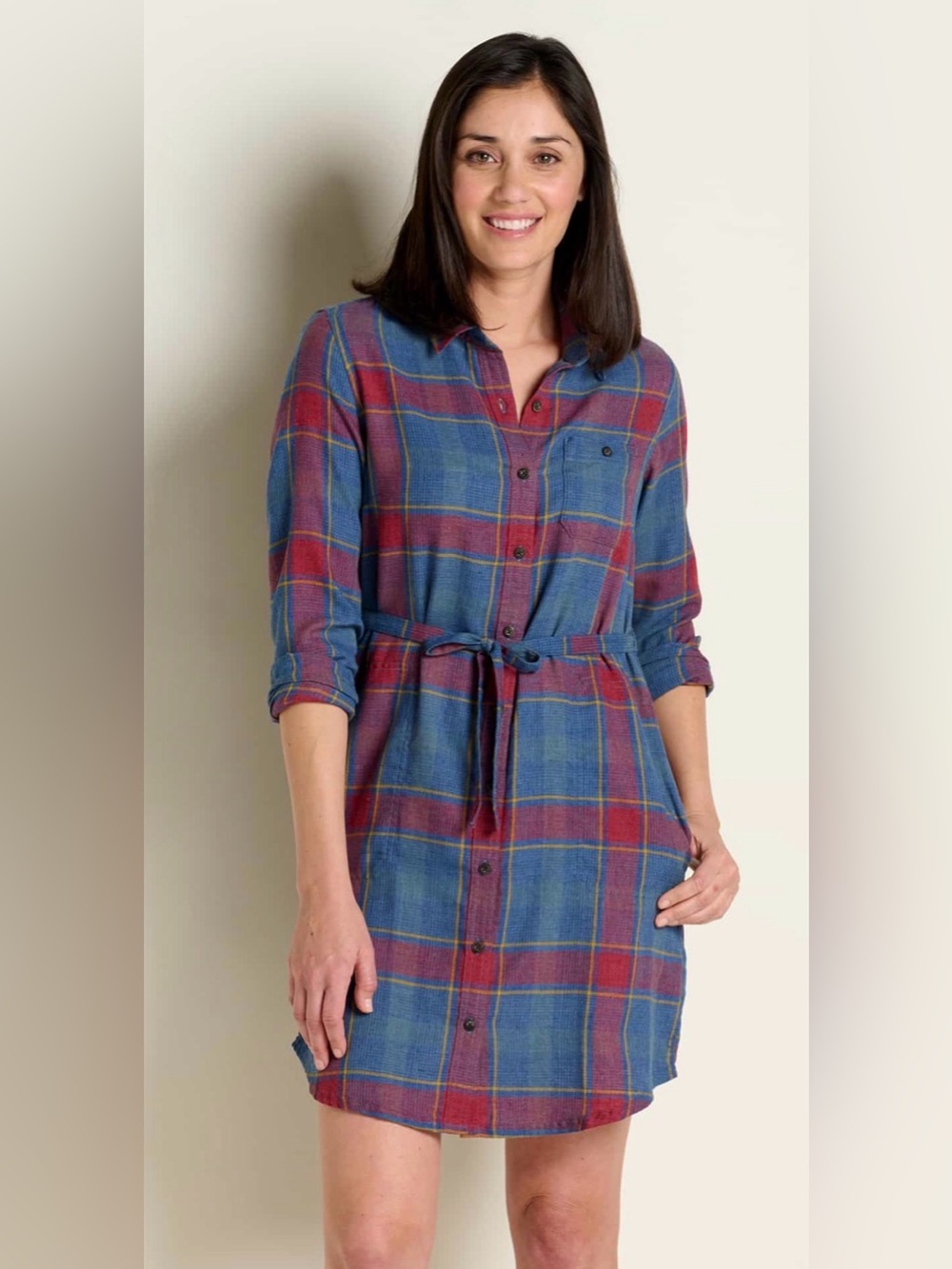 Toad&Co Blue and Red Plaid Button-Front Mini Dress